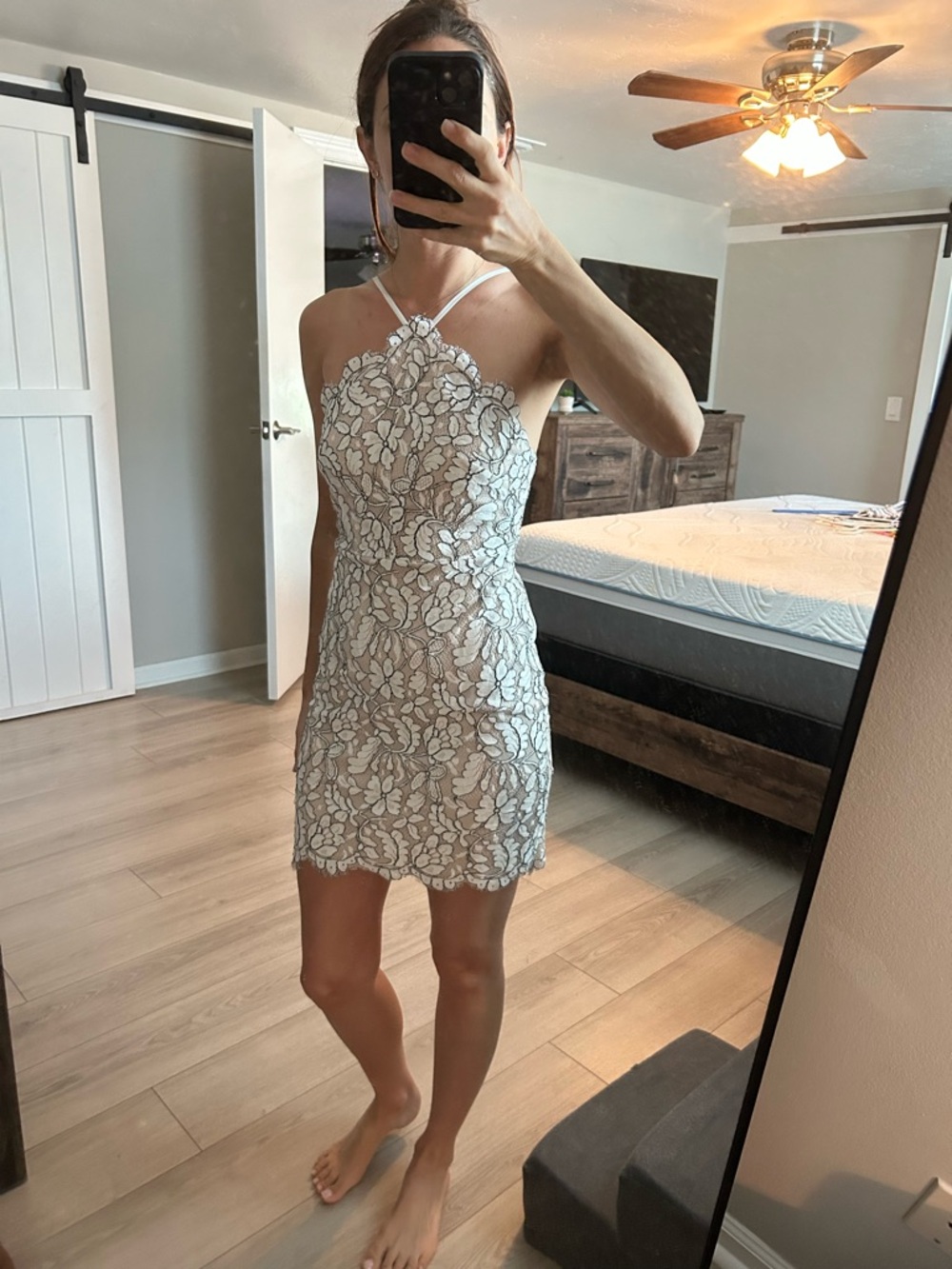 Lulu's | White Lace Halter Mini Dress with Taupe Underlay